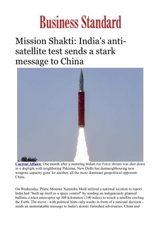 Mission Shakti: India's anti-satellite test sends a stark message to China