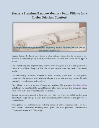 Sleepsia Premium Bamboo Memory Foam Pillows for a Cooler Odorless Comfort!