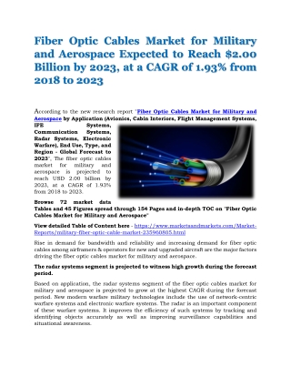 Fiber Optic Cables Market for Military and Aerospace Expected to Reach $2.00 Billion by 2023, at a CAGR of 1.93% from 20