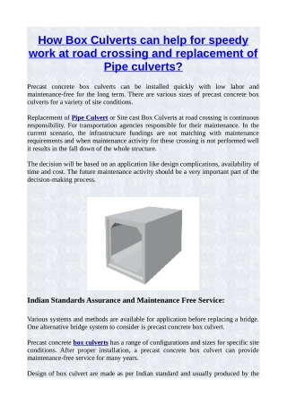 How Box Culverts can help for speedy work at road crossing and replacement of Pipe culverts?