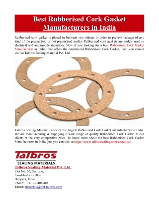 Best Rubberised Cork Gasket Manufacturers in India