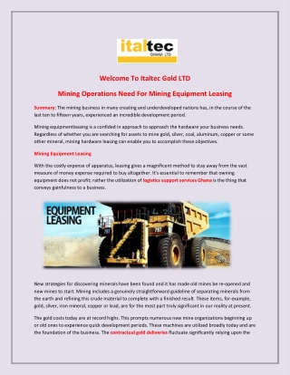 Mining Operations Need For Mining Equipment Leasing