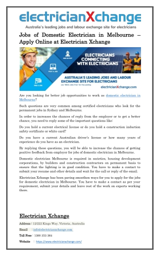 Jobs of Domestic Electrician in Melbourne – Apply Online at Electrician Xchange