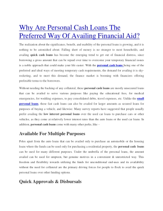 Why Are Personal Cash Loans The Preferred Way Of Availing Financial Aid?