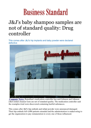 J&J's baby shampoo samples are not of standard quality: Drug controller