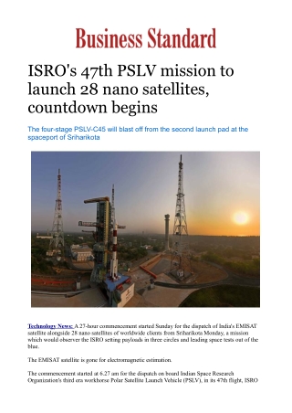 ISRO's 47th PSLV mission to launch 28 nano satellites, countdown begins