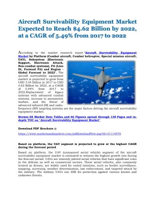 Aircraft Survivability Equipment Market Expected to Reach $4.62 Billion by 2022, at a CAGR of 5.49% from 2017 to 2022