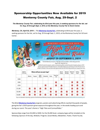 Sponsorship Opportunities Now Available for 2019 Monterey County Fair, Aug. 29-Sept. 2