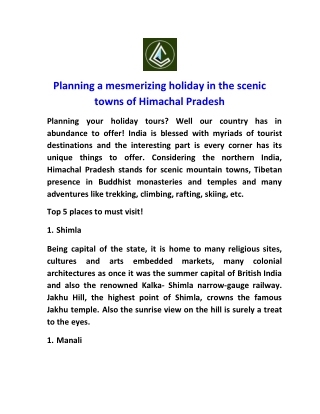 Planning a mesmerizing holiday in the scenic towns of Himachal Pradesh