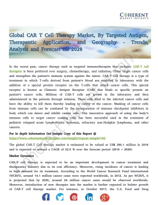 Global CAR T Cell Therapy Market, By Targeted Antigen, Therapeutic Application, and Geography - Trends & Analysis 2028
