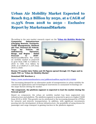 Urban Air Mobility Market Expected to Reach $15.2 Billion by 2030, at a CAGR of 11.33% from 2018 to 2030