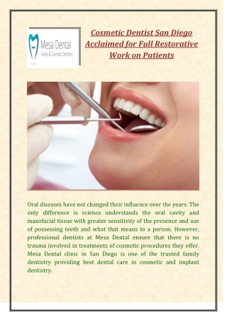 Cosmetic Dentist San Diego Acclaimed for Full Restorative Work on Patients