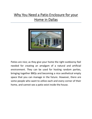 Why You Need a Patio Enclosure for your Home in Dallas