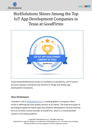 Biz4Solutions Shines Among the Top IoT App Development Companies in Texas at GoodFirms