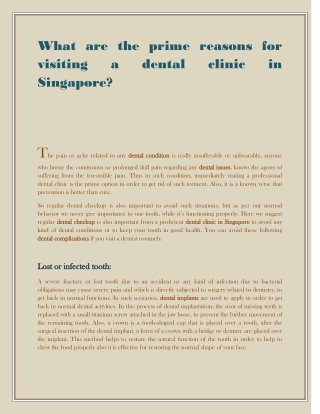 What are the prime reasons for visiting a dental clinic in Singapore?