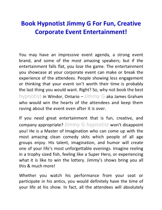 Book Hypnotist Jimmy G For Fun, Creative Corporate Event Entertainment!
