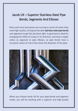 Jacob UK – Superior Stainless-Steel Pipe Bends, Segments And Elbows