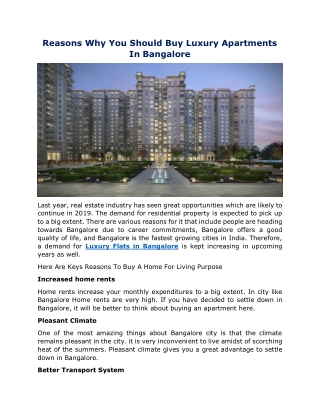 Reasons Why You Should Buy Luxury Apartments In Bangalore