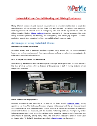 Industrial Mixer Crucial Blending and Mixing Equipment