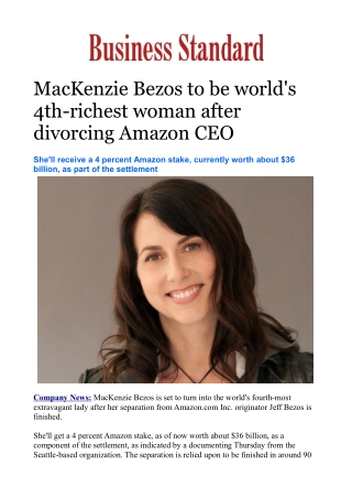 MacKenzie Bezos to be world's 4th-richest woman after divorcing Amazon CEO