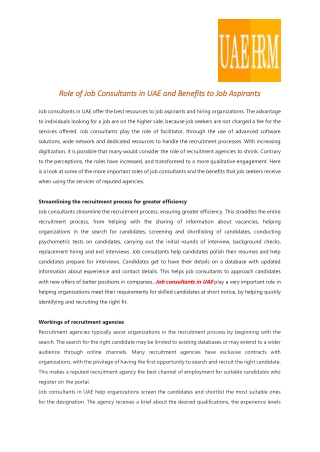 Role of Job Consultants in UAE and Benefits to Job Aspirants