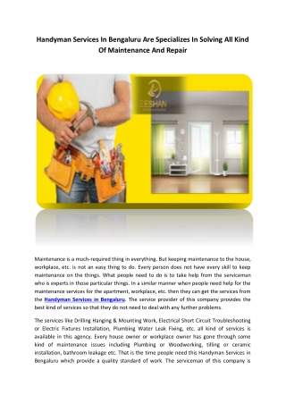 Handyman Services In Bengaluru Are Specializes In Solving All Kind Of Maintenance And Repair