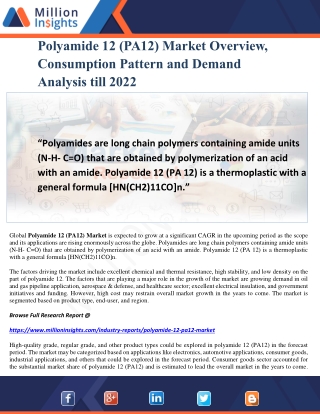 Polyamide 12 (PA12) Market Overview, Consumption Pattern and Demand Analysis till 2022