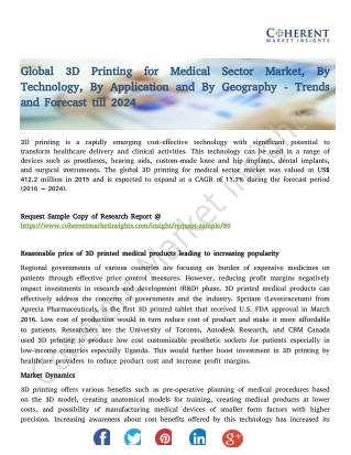 Global 3D Printing for Medical Sector Market, By Technology, By Application and By Geography - Trends and Forecast till