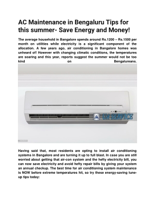 AC Maintenance in Bengaluru Tips for this summer- Save Energy and Money!