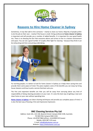 Reasons to Hire Home Cleaner in Sydney