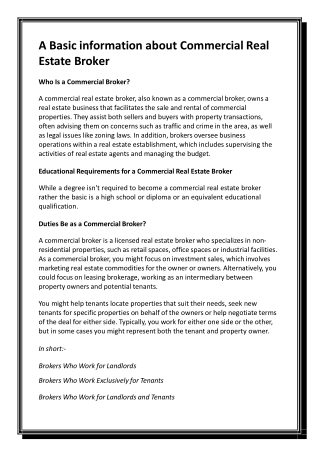 A Basic information about Commercial Real Estate Broker