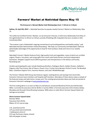 Farmers’ Market at Natividad Opens May 15