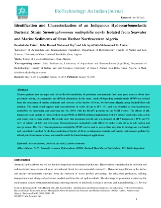 Identification and Characterization of an Indigenous Hydrocarbonoclastic Bacterial Strain Stenotrophomonas maltophilia n