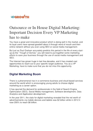 Outsource or In House Digital Marketing: Important Decision Every VP Marketing has to make