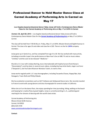Professional Dancer to Hold Master Dance Class at Carmel Academy of Performing Arts