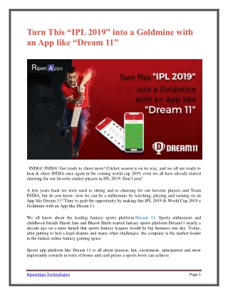 Turn This “IPL 2019” into a Goldmine with an App like “Dream 11