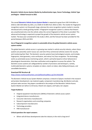 Biometric Vehicle Access System Market by Authentication type, Future Technology, Vehicle Type and Region - Global Forec