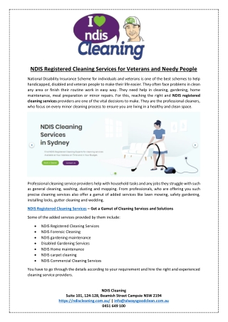 NDIS Registered Cleaning Services for Veterans and Needy People