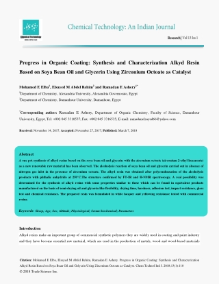 Progress in Organic Coating: Synthesis and Characterization Alkyd Resin Based on Soya Bean Oil and Glycerin Using Zircon