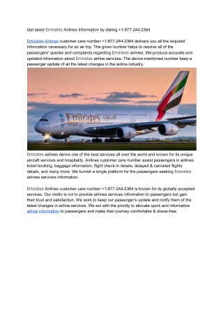 Emirates Airlines customer care number 1-877-244-2364