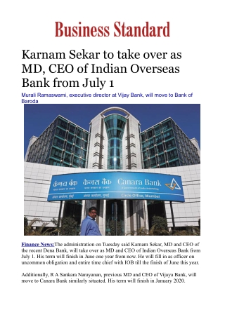 Karnam Sekar to take over as MD, CEO of Indian Overseas Bank from July 1