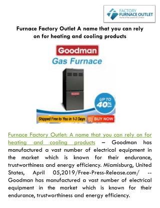 Furnace Factory Outlet: A name that you can rely on for heating and cooling products