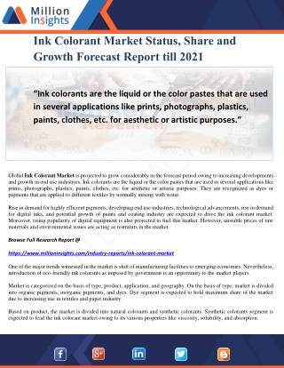 Ink Colorant Market Status, Share and Growth Forecast Report till 2021