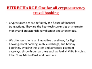 BITRECHARGE One for all cryptocurrency travel booking