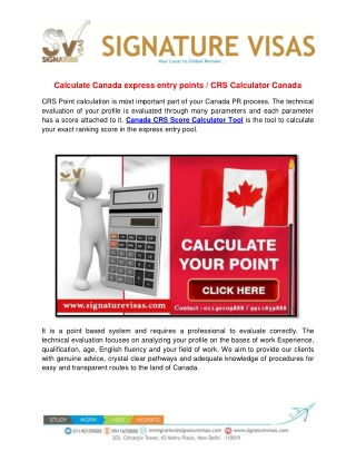 CRS Score points calculator for Canada permanent residency