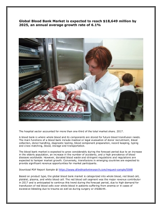 Global Blood Bank Market is expected to reach $18,649 million by 2025