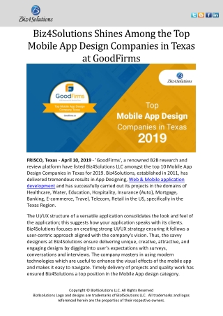 Biz4Solutions Shines Among the Top Mobile App Design Companies in Texas at GoodFirms