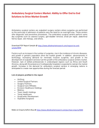 Ambulatory Surgical Centers Market - Future Growth by Top Players Involved In the Market