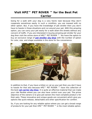 Visit HPZ™ PET ROVER ™ for the Best Pet Carrier