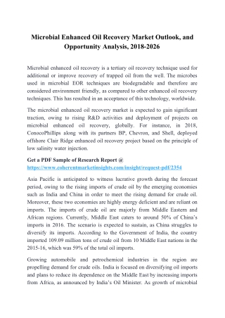 Microbial Enhanced Oil Recovery Market Outlook, and Opportunity Analysis, 2018-2026